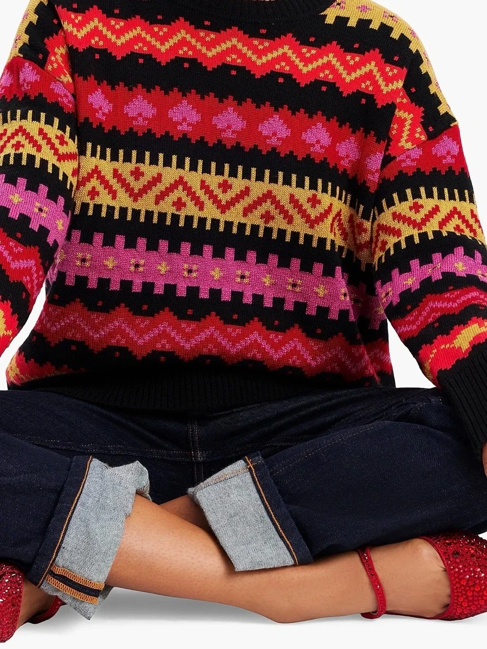 kate spade Black Crewneck Sweater with Pink, Red & Gold Fair Isle